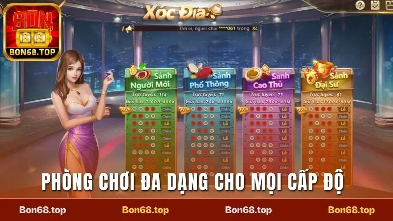 Xóc Đĩa - Đặt Cửa Cực Đỉnh, Thắng Lớn Mỗi Ngày Tại Bon68 3 Nhiều sảnh chơi đa dạng, đáp ứng nhu cầu người chơi tại Bon68
